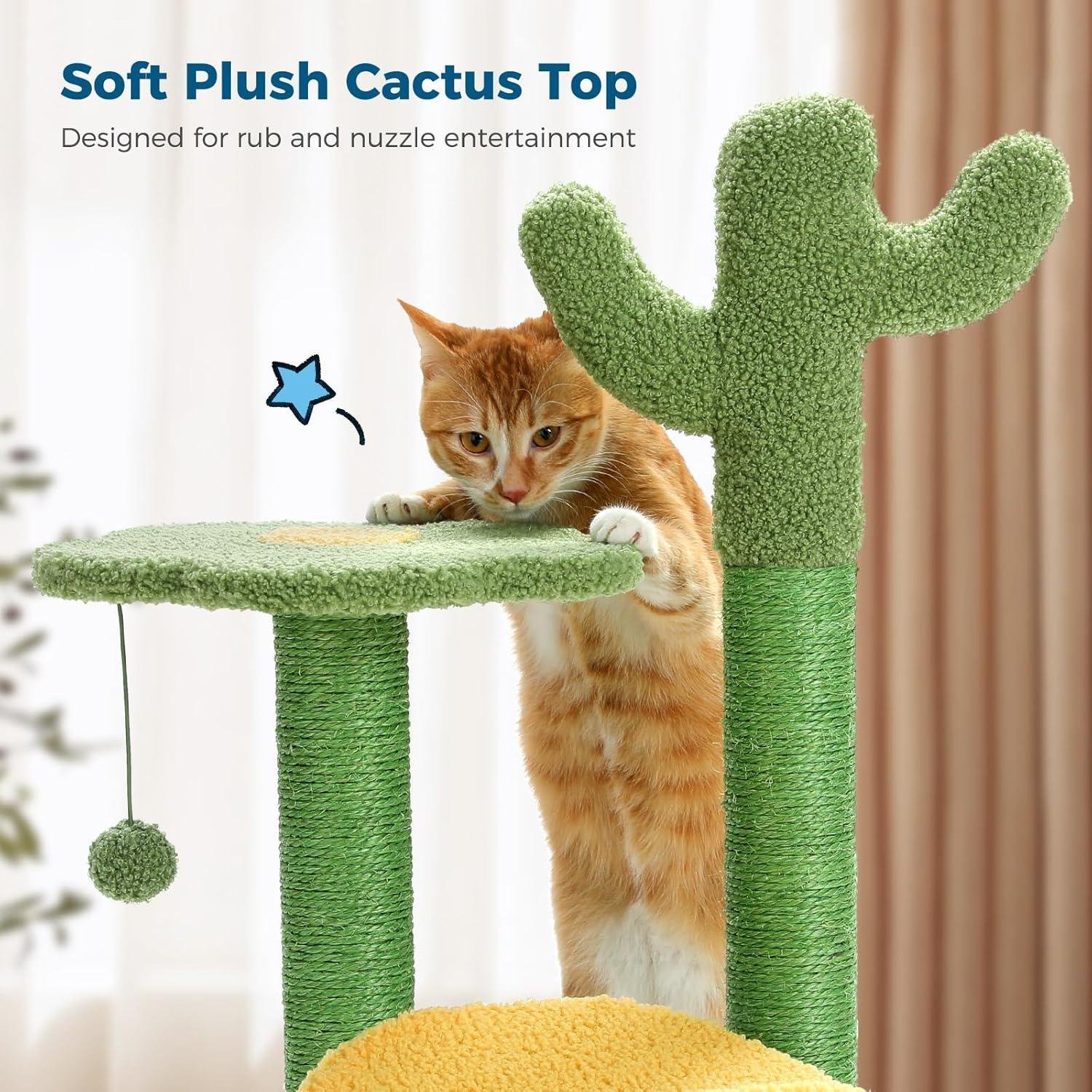 26 Inch Cactus Cat Tree With Bird's Eye View Flower Perch, Soft Cactus Top And Hanging Ball, Compact Vertical Structure For Indoor Cats - Image 9