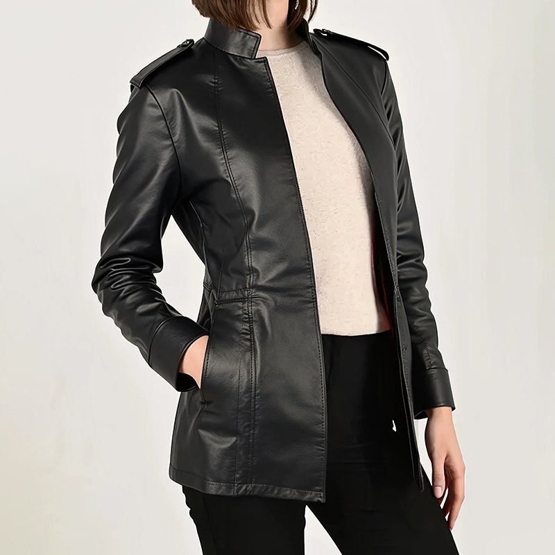 Vintage Style Women's Long Sleeve PU Jacket, Mid-Length Open Cardigan With Pockets, Casual Leather Coat - Image 3