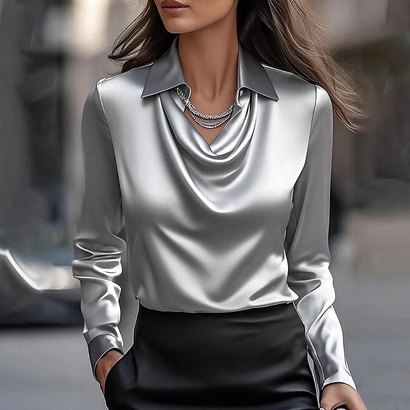 Women's Elegant Long Sleeve Blouse - Solid Color Lapel Top With Ruched Chest Detail Office & Casual Wear For Spring Fall - Image 3