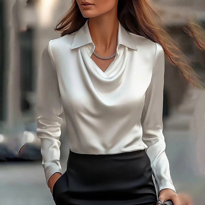 Women's Elegant Long Sleeve Blouse - Solid Color Lapel Top With Ruched Chest Detail Office & Casual Wear For Spring Fall - Image 10