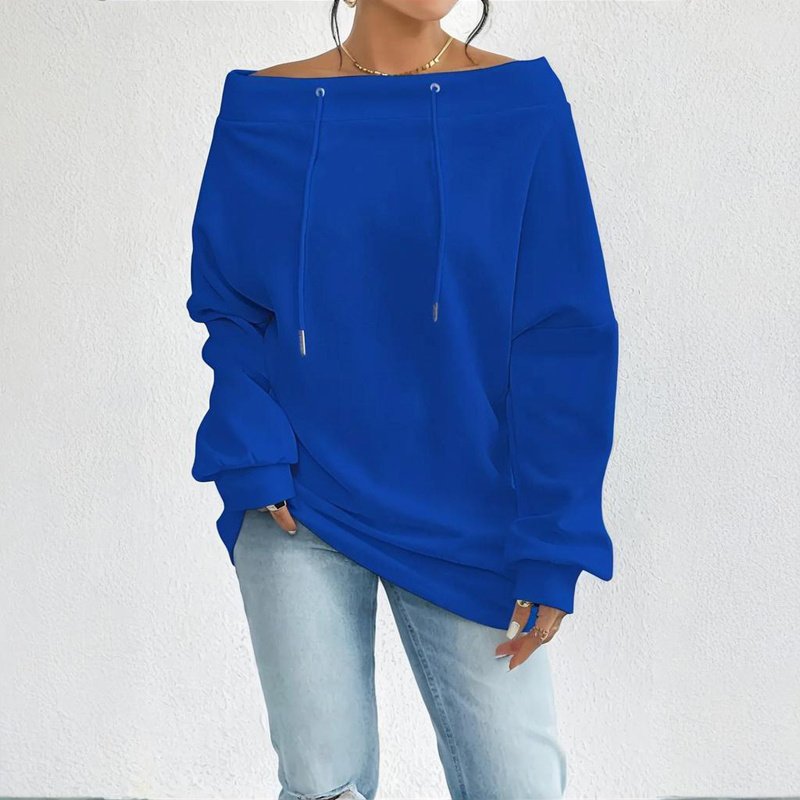 Plus Size Women's Solid Color Off-Shoulder Long Sleeve Pullover With Drawstring - Casual Ribbed Detail Top For Spring&Fall - Image 7