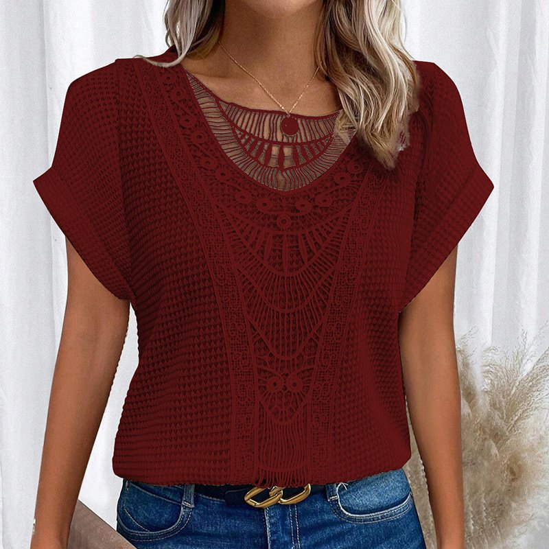 Women's Lace Splicing Short Sleeve Crew Neck T-Shirt Summer Loose Fit Casual Tee Top - Image 7