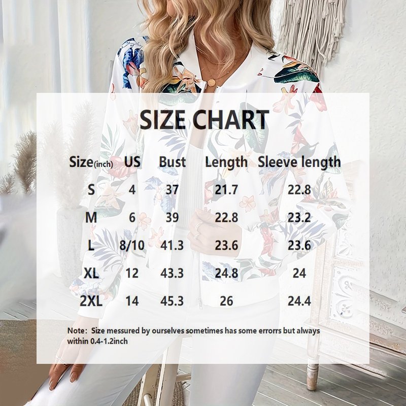 Women's Zip-Up Jacket With All-Over Botanical Print, Round Neck Long Sleeve Casual & Formal Wear For Spring&Fall - Image 8