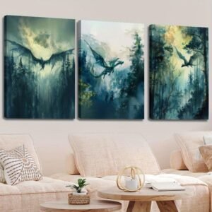 Set Of 3 Wooden Framed Canvas Decorative Paintings, Dark Academia Style, Mythical Creatures, Forest And Dragon Fantasy Artwork, Watercolor Paintings, Home Interior Wall Decor Art