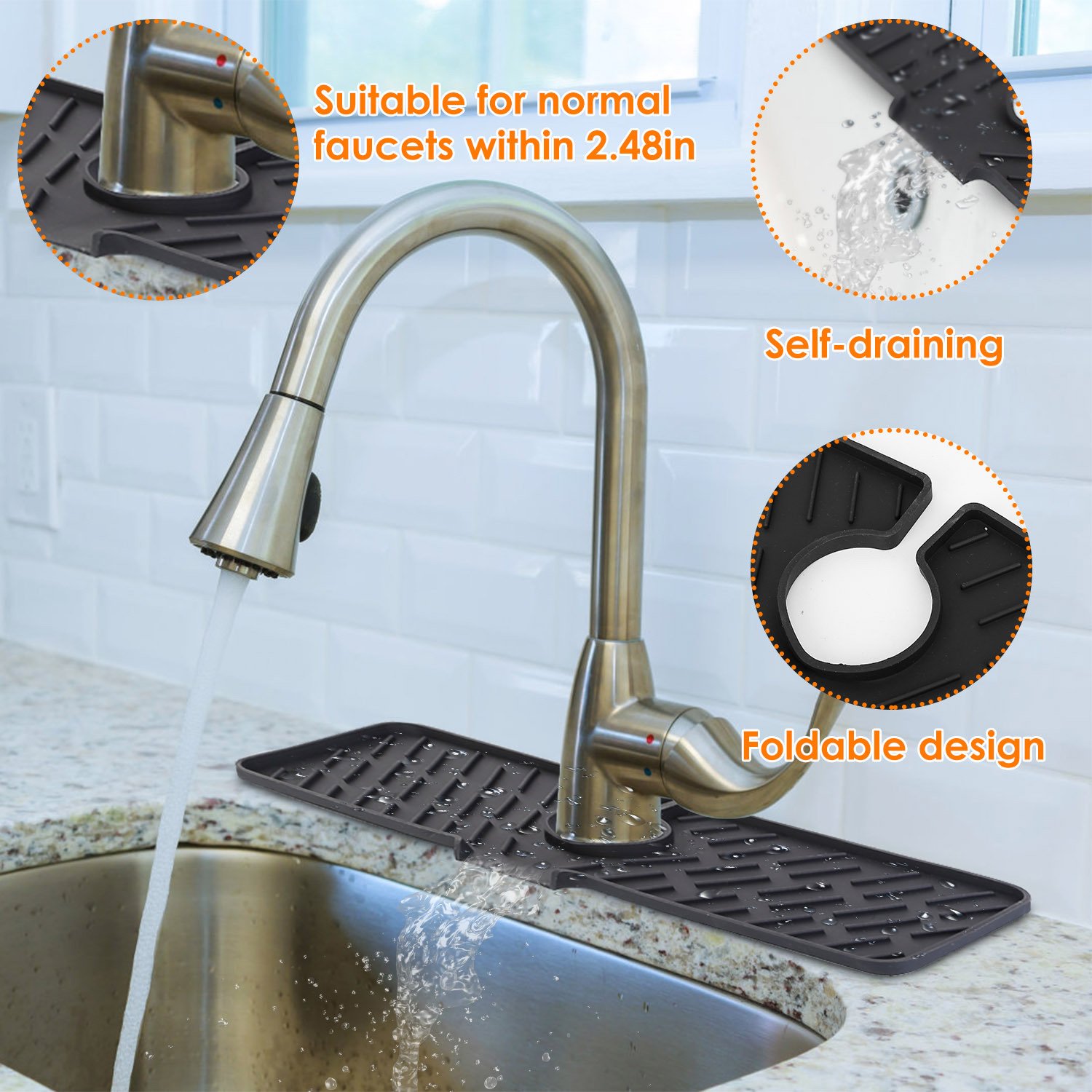 Black-Grey Color Options -- 1Pc Silicone Faucet Mat Kitchen Sink Splash Guard Drain Mat Drying Pad Kitchen Mat Bathroom Drip Catcher - Image 7