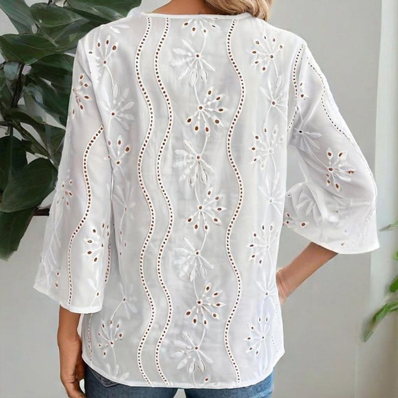 Elegant Women's V-Neck Long Sleeve Blouse - Embroidered Mesh & Flared Lace Sleeve Chiffon Top For Spring&Summer - Image 2