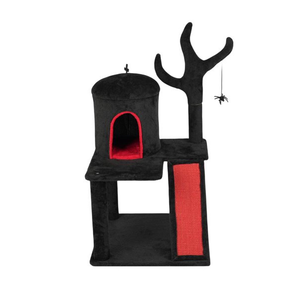 Gothic Cat Tree, Halloween Cat Tower Cat Tree With Spacious Cat Condo, Brach Shaped Scratching Post, Scratching Ladder, Spider Toy For Indoor Cats, Red & Black - Image 4