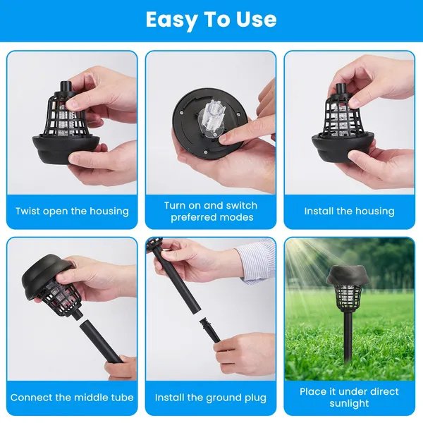 4 Pack Solar Powered Mosquito Zapper Outdoor Insect Killer Torch Waterproof Bug Zapper With UV Light White Light For Yard Garden Farm Patio - Image 7