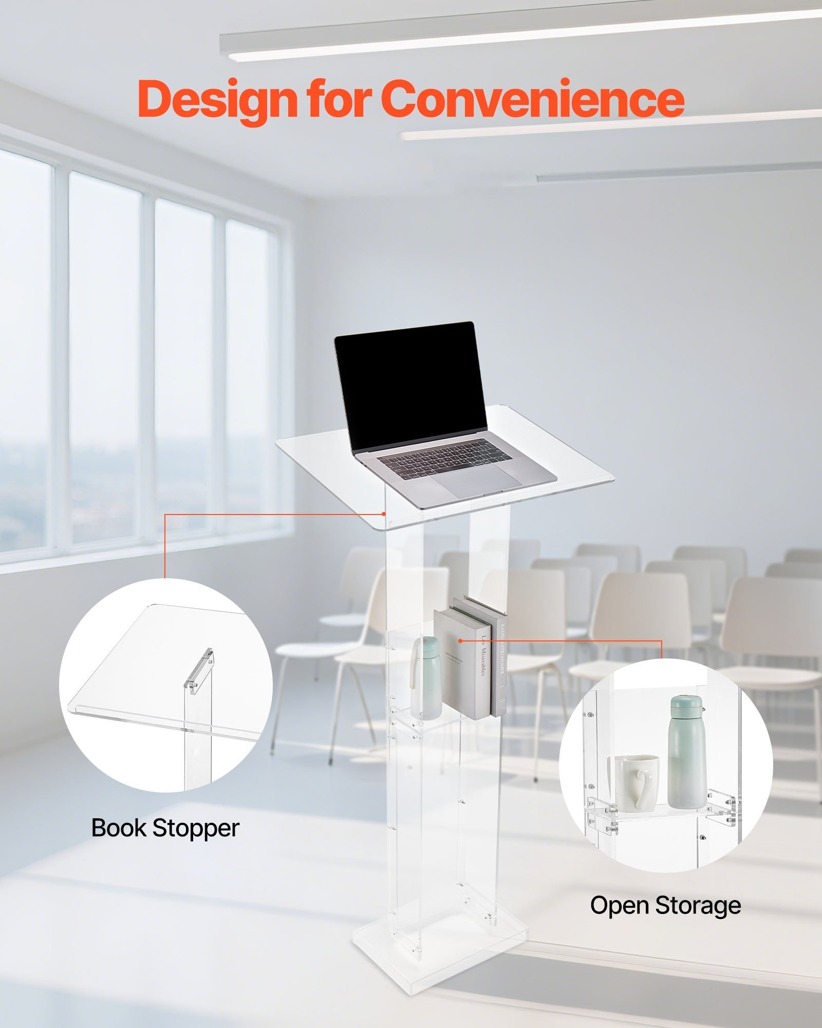 Podium Stand 50 In Portable Acrylic Lectern Storage Shelf Wide Reading Surface - Image 3