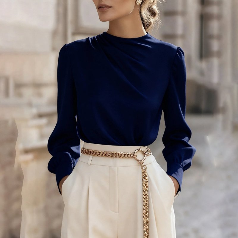 Women's Pleated Long Sleeve Blouse, Round Neck Business Casual Shirt, Dressy Fall 2025 Work Tops - Image 9