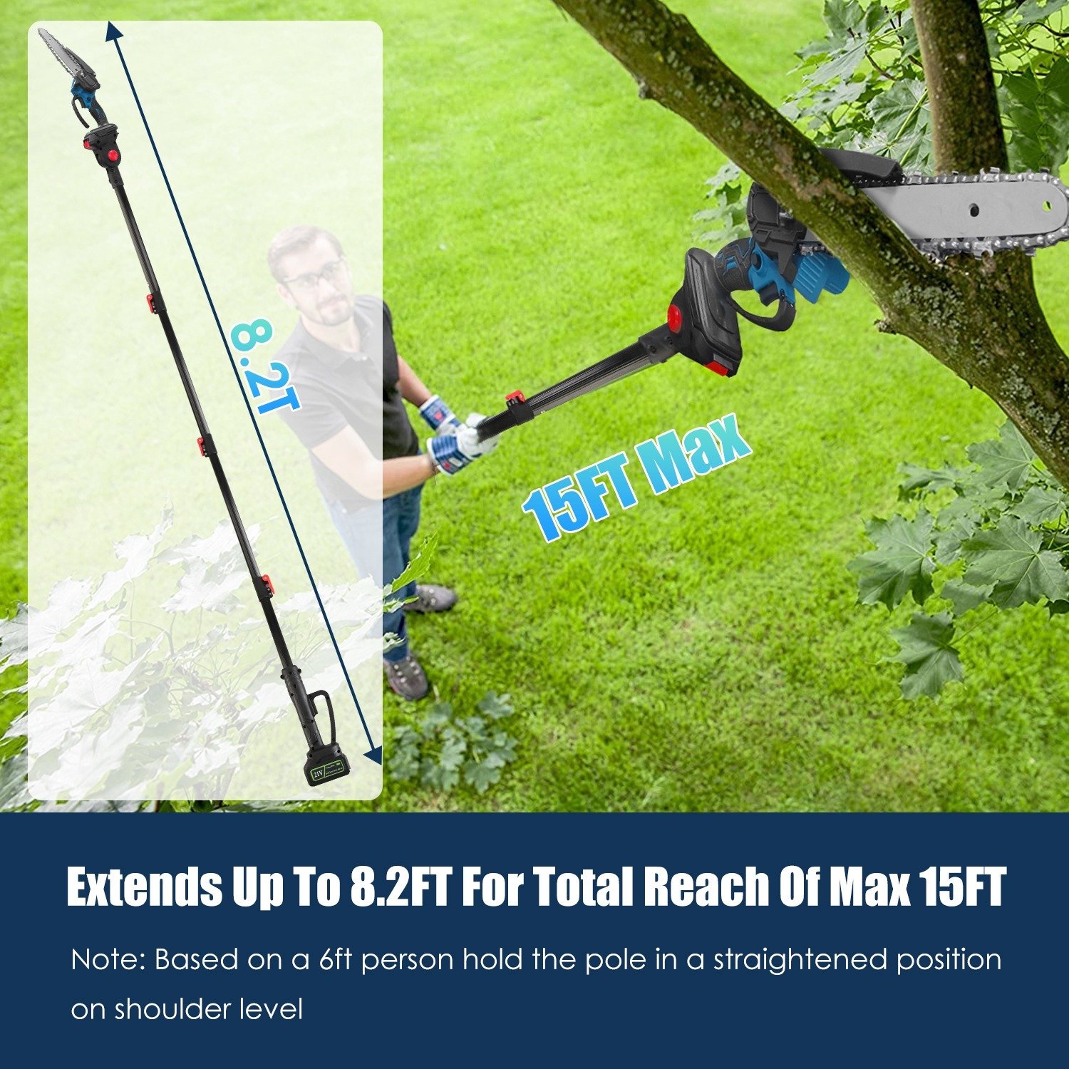 1Pc 2 In 1 8in Cordless Electric Pole Saw And Mini Chainsaw With Extension Poles 2Pcs 21V 3.0Ah Batteries Adjustable Length Chain Saw With Auto Oiler Safety Switch For Wood Cutting - Image 8