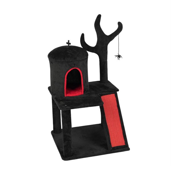 Gothic Cat Tree, Halloween Cat Tower Cat Tree With Spacious Cat Condo, Brach Shaped Scratching Post, Scratching Ladder, Spider Toy For Indoor Cats, Red & Black - Image 2