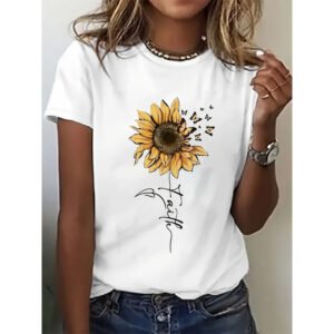 Women's Summer Sunflower Print Top Round Neck Short Sleeve T Shirt