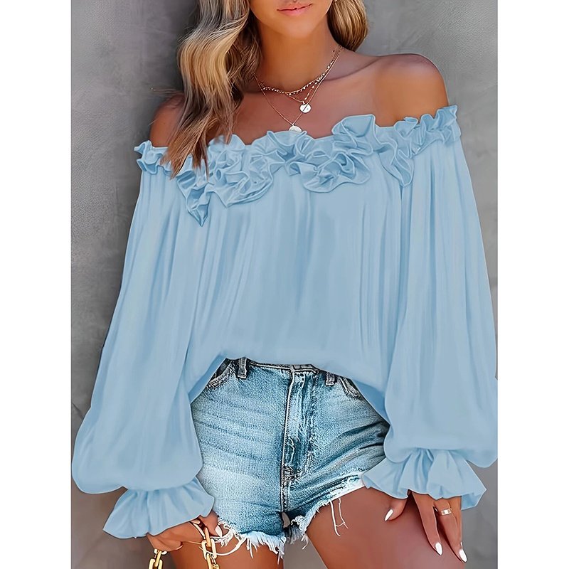 Women's Summer Off Shoulder Top Ruffle Long Sleeve Blouse Casual Loose Shirts - Image 2