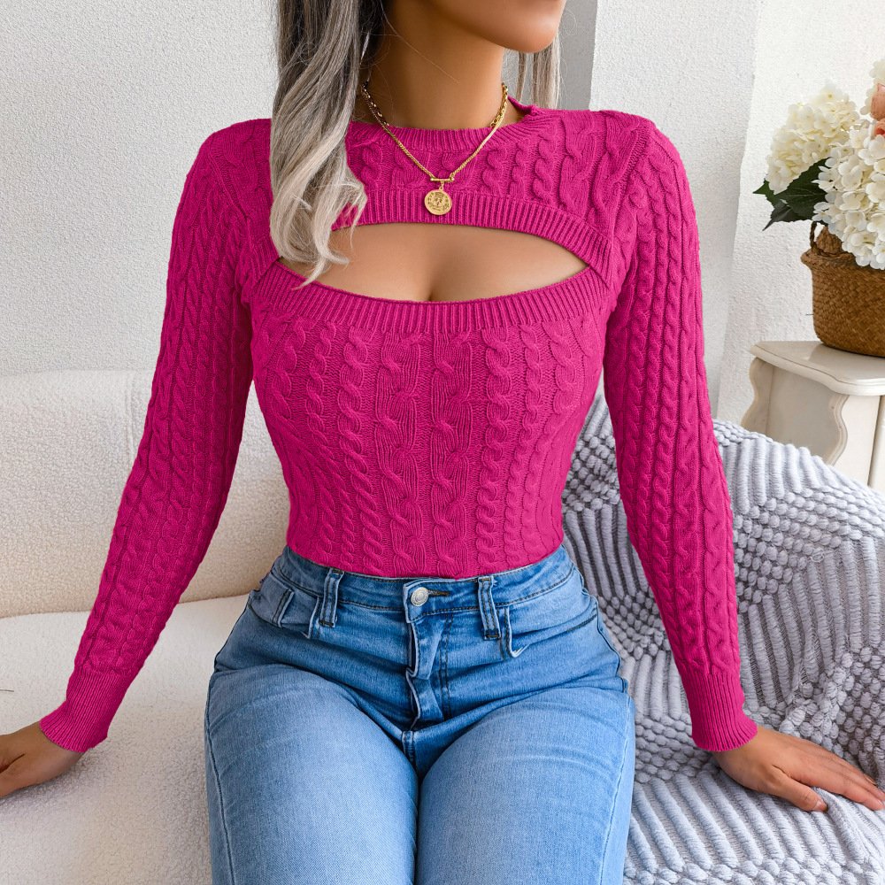 Women's Lightweight Fall Sweater Tops Long Sleeve Round Neck Cutout Pullover Casual Tunic Blouse - Image 4