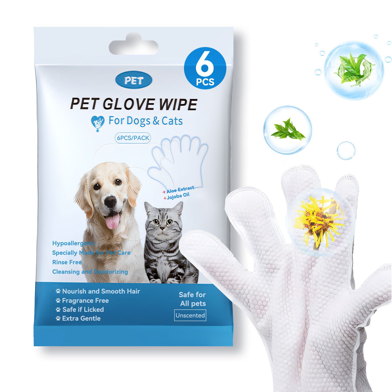 Cleaning Wipes Gloves For Dog And Cat,Pet Bathing Wipes Cleaning & Deodorizing,Dog Wipes For Body Paws Butt Daily Care,Cat Grooming Wipes Cleaning Fur Traveling Rinse Free,6PCS-1PACK - Image 2