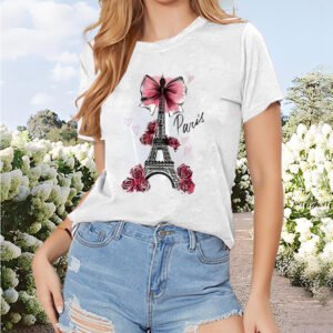 Women's Paris Eiffel Tower & Floral Bow Print Tee - Fashion Round Neck Summer Top