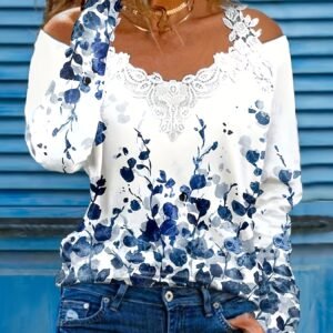 Spring And Autumn New Casual Plant Print Lace Trim Off-shoulder Long Sleeve Top