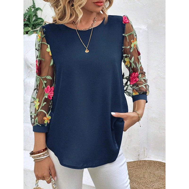 Women's Floral Embroidery Contrast Mesh Puff Sleeve Crew Neck Tee Shirt Tops - Image 6