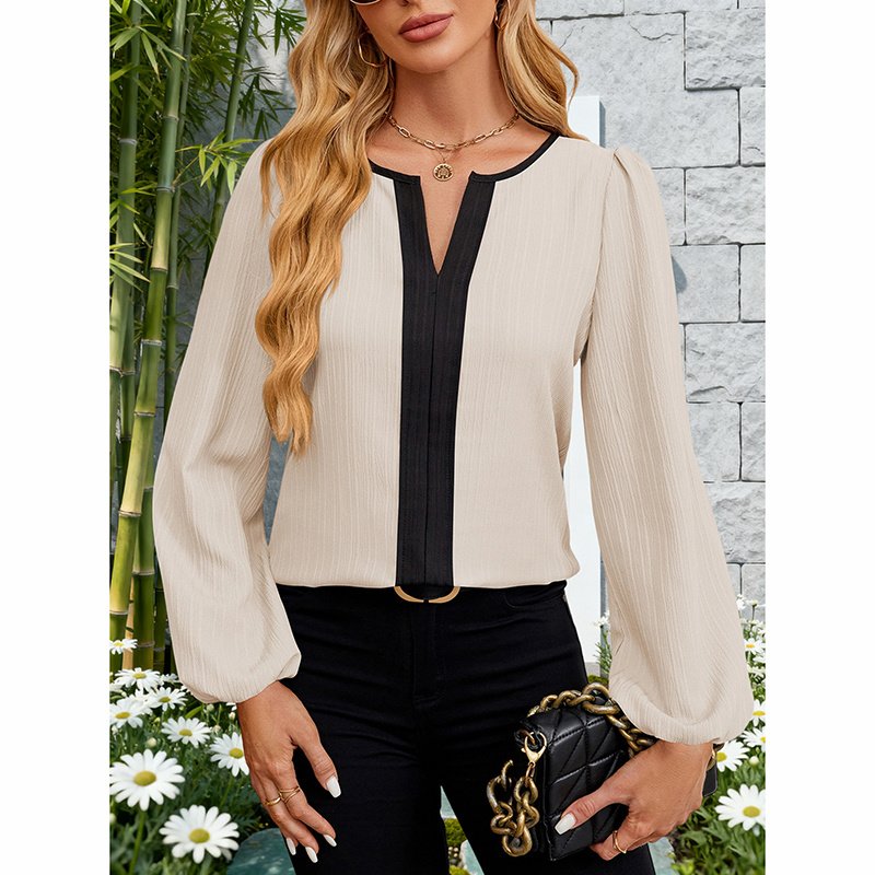 Women's Color Block Blouse, V-Neck Long Sleeve Work Shirt, Dressy Casual Business Tops For Fall - Image 7
