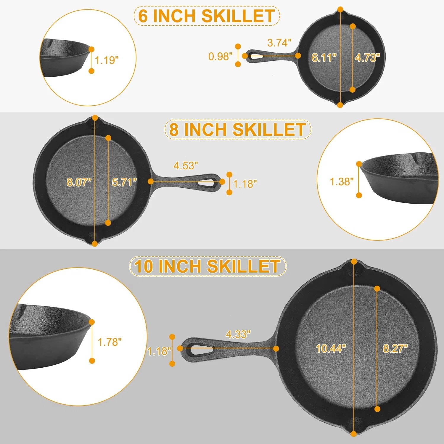 3Pcs Pre-Seasoned Cast Iron Skillet Set 6 8 10in Non-Stick Oven Safe Cookware Heat-Resistant Frying Pan - Image 4