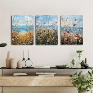 Set Of 3 Canvas Wooden Framed Poster Prints Coastal Wildflowers, Ocean Beach, Vintage Seascape Oil Painting, Floral Plants, Bohemian Style, Framed Wall Art For Home Room Decoration