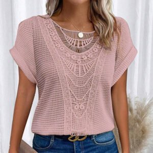 Women's Lace Splicing Short Sleeve Crew Neck T-Shirt Summer Loose Fit Casual Tee Top
