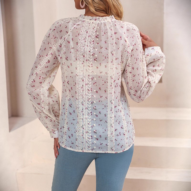 Boho Chic Women's Blouse, Floral Print V Neck Lantern Sleeve Sheer Top For Elegant Casual Wear - Image 8
