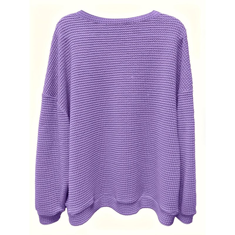 Plus Size Women's Casual V-Neck Pineapple Texture Knit Top Solid Color Long Sleeve Breathable Pullover For Spring Fall - Image 5