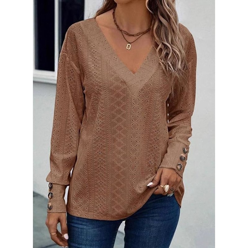 Womens Long Sleeve Eyelet Tops V Neck Fall Shirts Casual Loose Blouses Trendy Clothes - Image 5