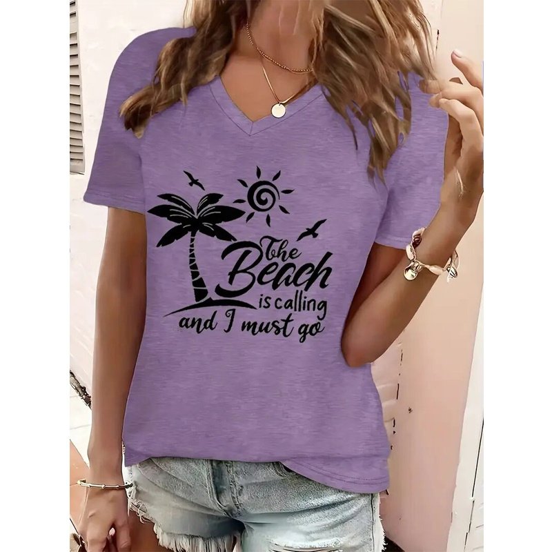 Women's V-Neck Beach Scene & Slogan Print Vacation Summer Top - Image 2