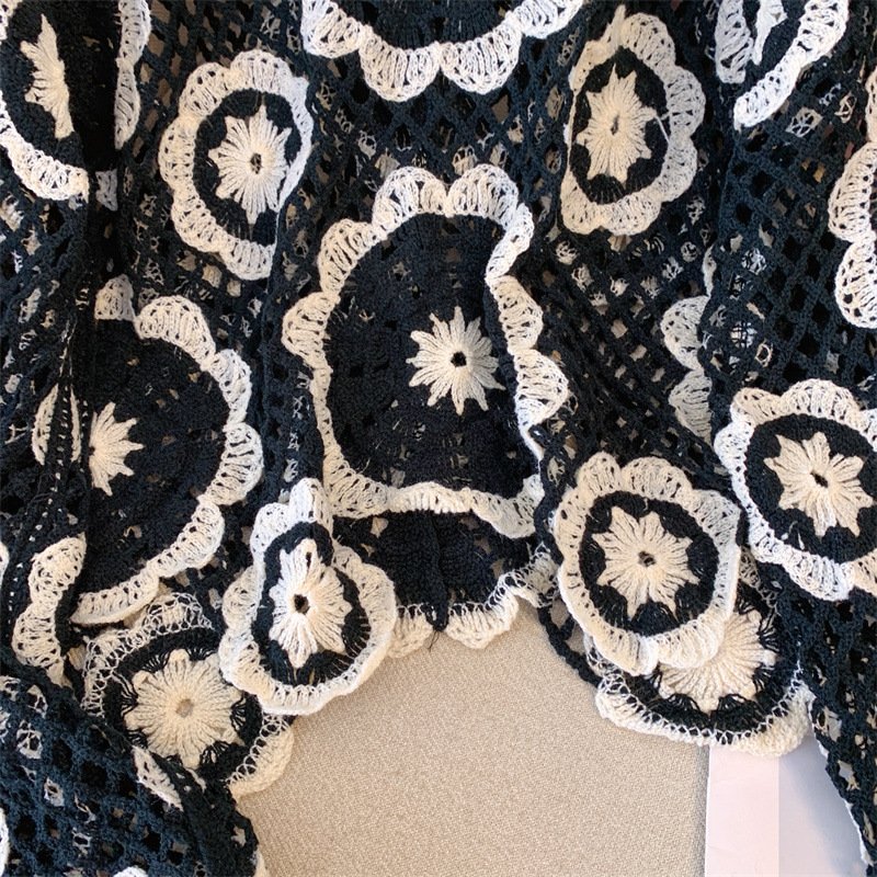 Women's Crochet Lace Yoke Sweater, Geometric Pattern Long Sleeve Pullover With Eyelet Embroidered Trim - Image 7