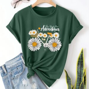 Women's Sunflower Bicycle Print Round Neck Tee - Summer Casual T-Shirt
