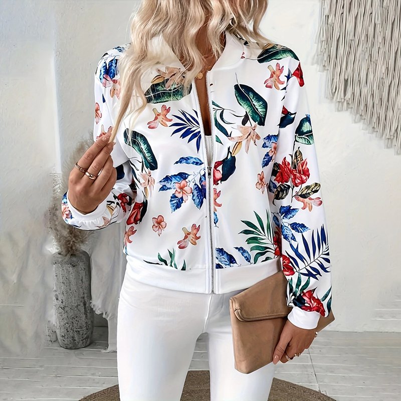 Women's Zip-Up Jacket With All-Over Botanical Print, Round Neck Long Sleeve Casual & Formal Wear For Spring&Fall - Image 3