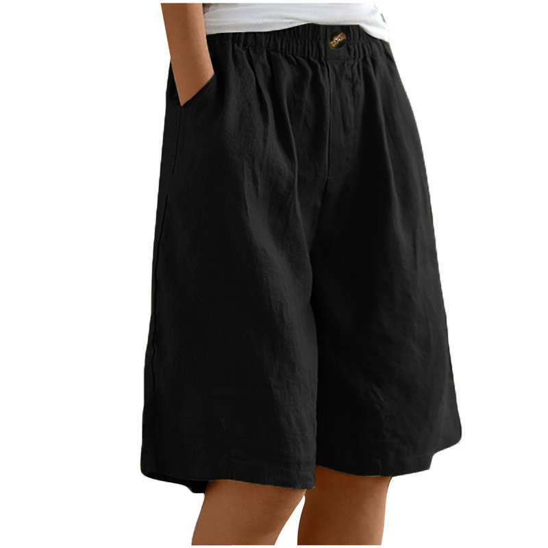 Women's Casual High Waist Loose Fit Solid Color Shorts - Button & Elastic Waist With Pockets, Comfortable Summer Shorts - Image 3