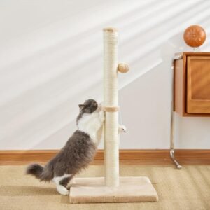 Durable Sisal Rope With Hanging Ball Toy Cat Scratching Post Indoor Space Saving Stable Base Promote Cat Claw Health And Fun Exercise