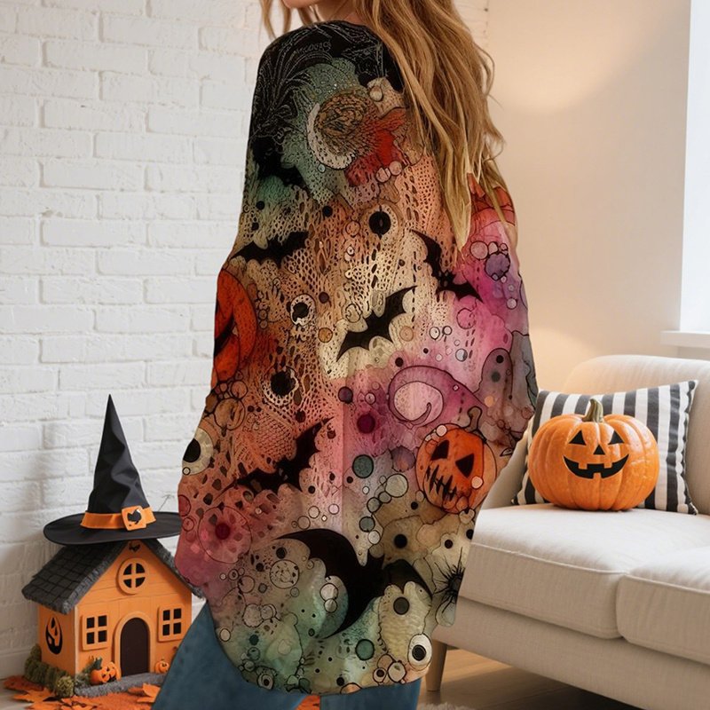 Women's Diamond Hollow Out Batwing Sleeve Top - Loose Fit Pumpkin Halloween Print Blouse For Spring Summer - Image 10