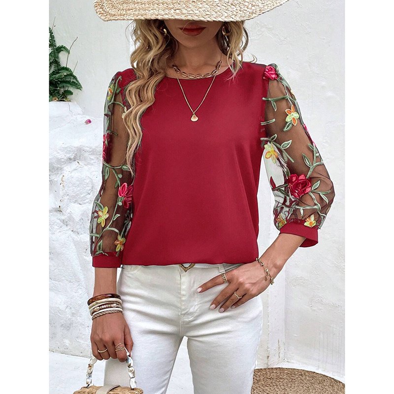 Women's Floral Embroidery Contrast Mesh Puff Sleeve Crew Neck Tee Shirt Tops
