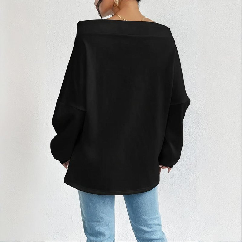 Plus Size Women's Solid Color Off-Shoulder Long Sleeve Pullover With Drawstring - Casual Ribbed Detail Top For Spring&Fall - Image 6
