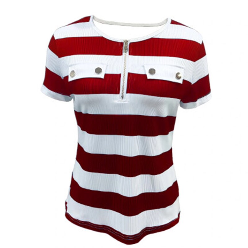 Women's Color Block Short Sleeve T-Shirt Striped Zipper Front Top Casual Summer Blouse Tee - Image 3