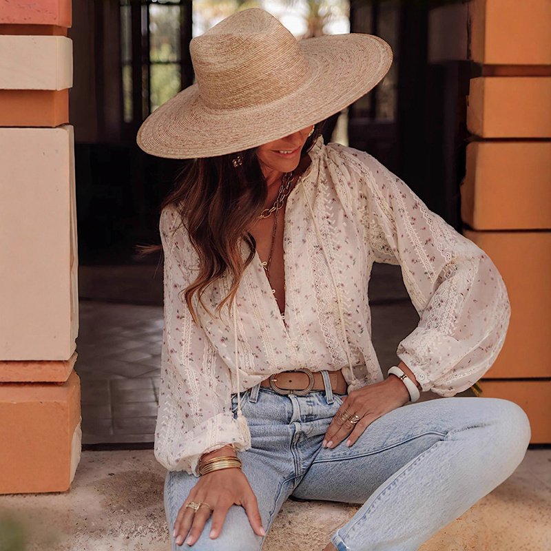 Boho Chic Women's Blouse, Floral Print V Neck Lantern Sleeve Sheer Top For Elegant Casual Wear - Image 3