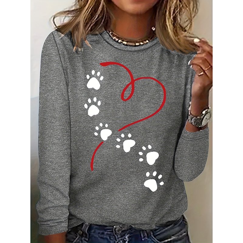 Women's Heart & Dog Paw Print T-shirt, Cute Crew Neck Long Sleeve Top For Spring & Fall - Image 4