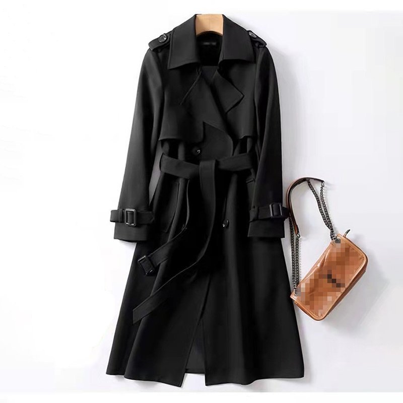 Women's Classic Trench Coat, Solid Color Long Sleeve Belted Mid-Length Jacket With Button Detail For Spring And Fall - Image 3
