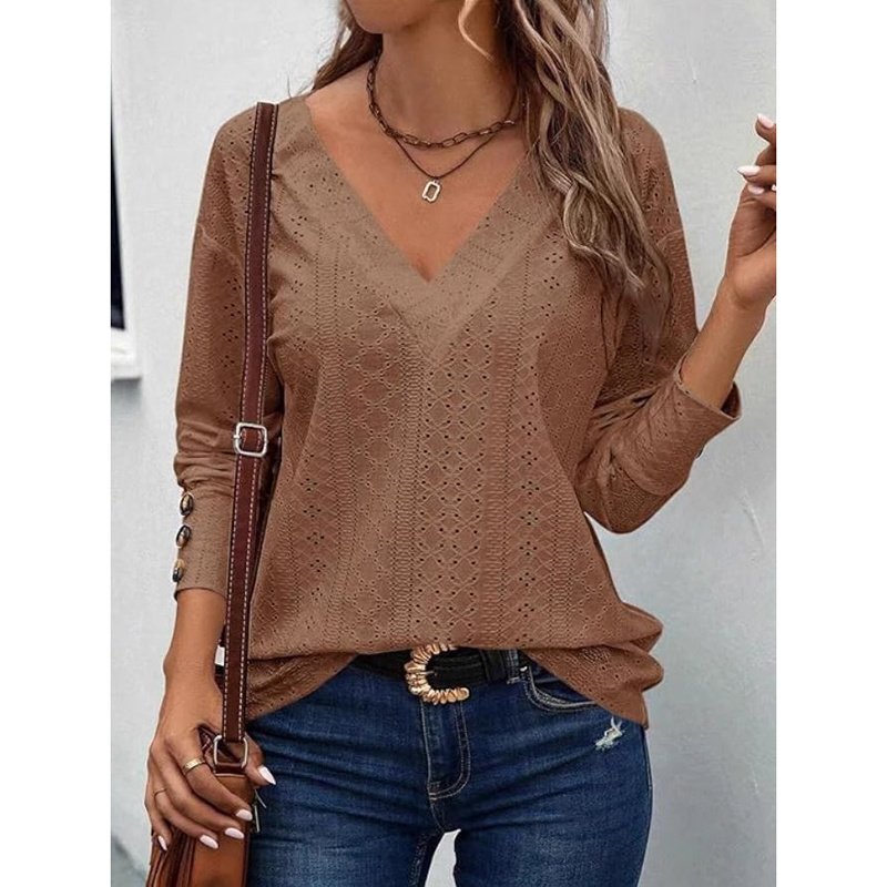 Womens Long Sleeve Eyelet Tops V Neck Fall Shirts Casual Loose Blouses Trendy Clothes - Image 4