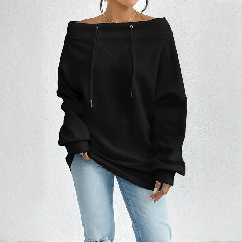 Plus Size Women's Solid Color Off-Shoulder Long Sleeve Pullover With Drawstring - Casual Ribbed Detail Top For Spring&Fall - Image 4