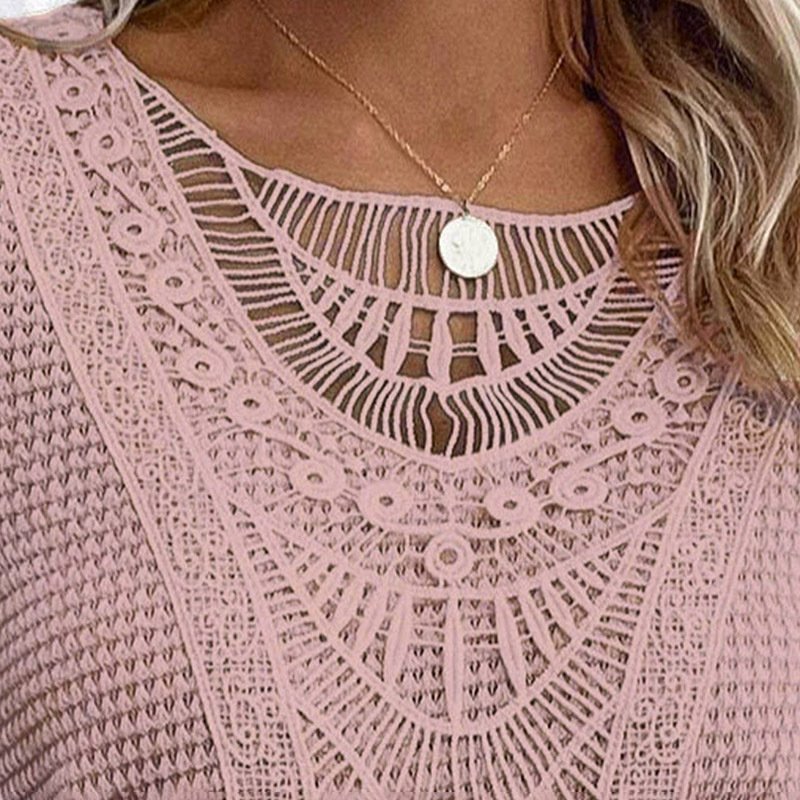 Women's Lace Splicing Short Sleeve Crew Neck T-Shirt Summer Loose Fit Casual Tee Top - Image 2