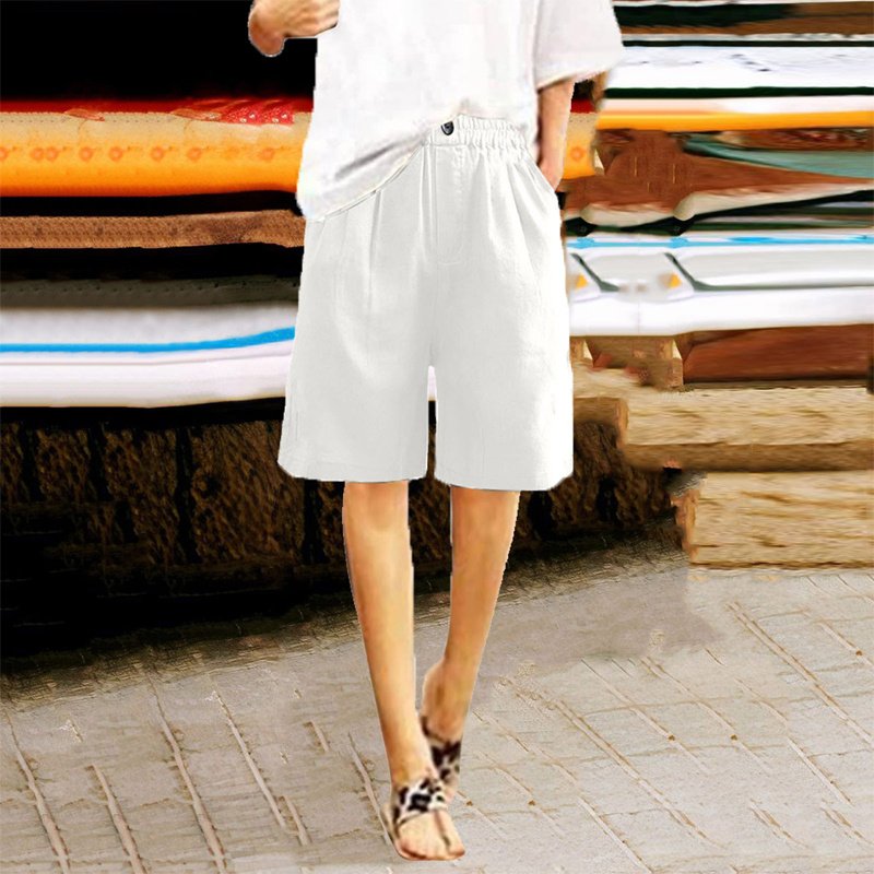 Women's Casual High Waist Loose Fit Solid Color Shorts - Button & Elastic Waist With Pockets, Comfortable Summer Shorts - Image 4