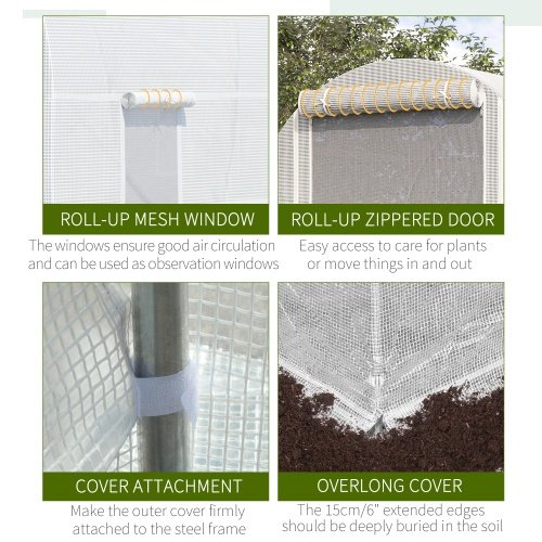 Outsunny 15 X 7 X 7 Walk-In Tunnel Greenhouse, Large Garden Hot House Kit With 6 Roll-up Windows & Roll Up Door, Steel Frame, White - Image 7