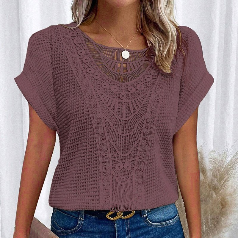 Women's Lace Splicing Short Sleeve Crew Neck T-Shirt Summer Loose Fit Casual Tee Top - Image 8
