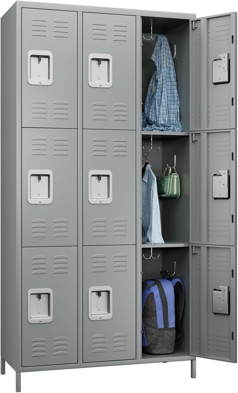 Metal Lockers For Employees With Lock,Metal Storage Locker With 9 Doors & 27 Hooks For School Office Gym Garage Bedroom,Assembly Required,9 Doors Light Grey